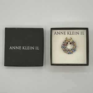 Vintage Anne Klein II Holiday‎ Wreath Pin Brooch Multicolored Rhinestones in Box